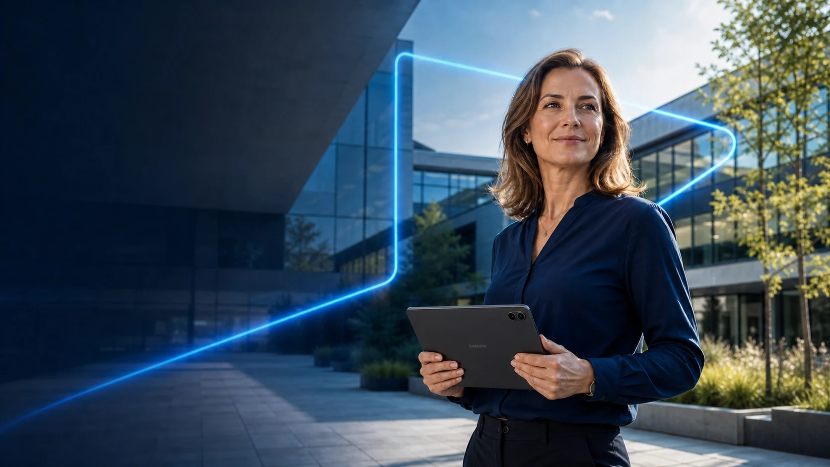 Dyrektorka szkoły przed nowoczesnym budynkiem, trzymająca tablet